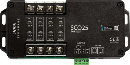 Shunt quadruple 4x25A avec relais inverseur d'alarme, protocole SiCom et alimentation de 6 à 35Vdc